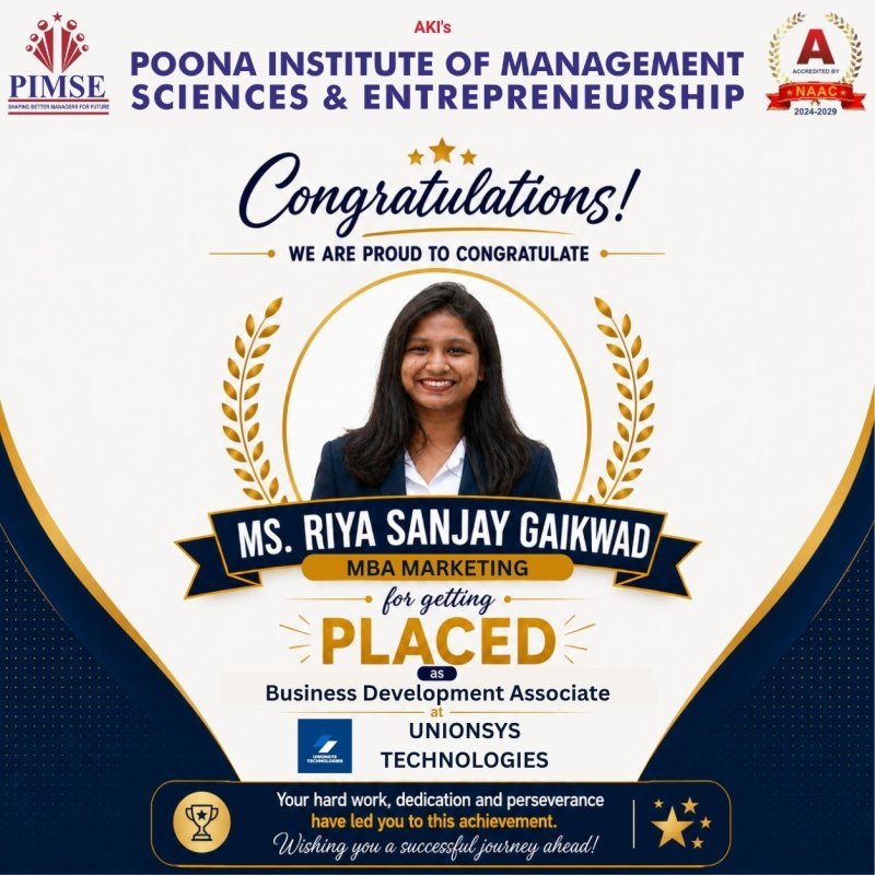 (PIMSE) proudly congratulates Ms. Riya Sanjay Gaikwad